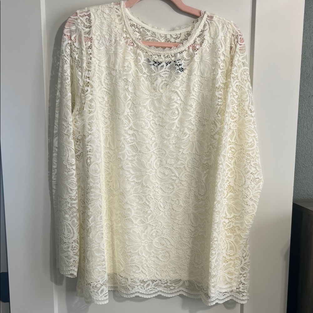 Isaac Mizrahi Ivory Lace Long-Sleeve Top XL